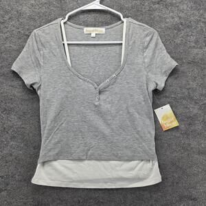 Sugar Moon Shirt Womens XL Heather Grey Short Sleeve Layered Stretch Ribbed Top